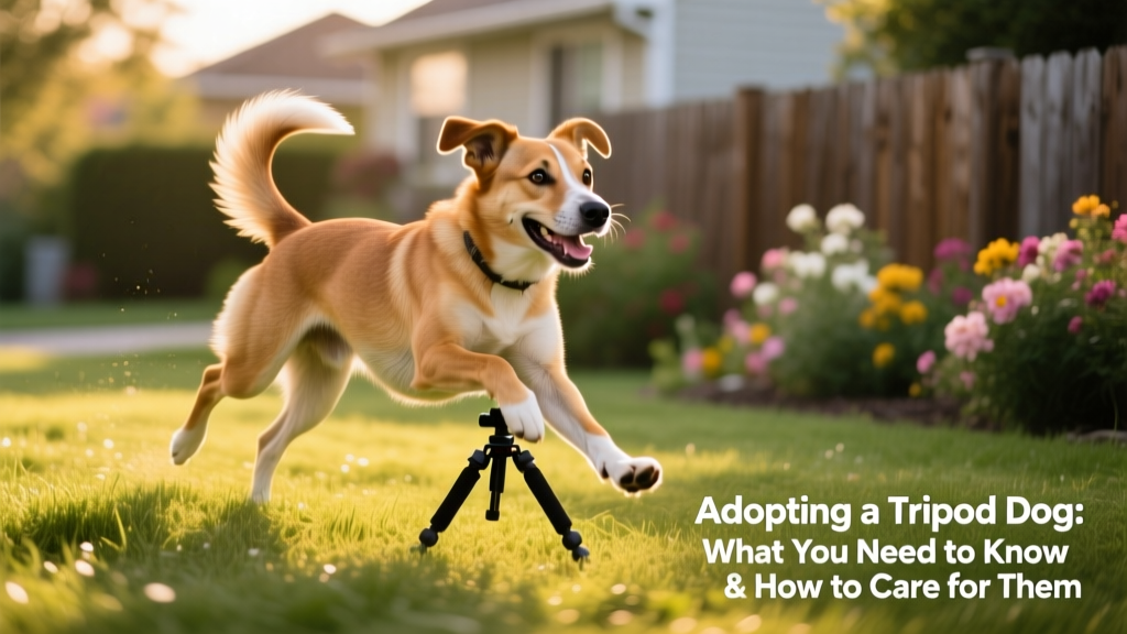A happy, energetic tripod dog mid-stride on grass, tail wagging, showing confident movement