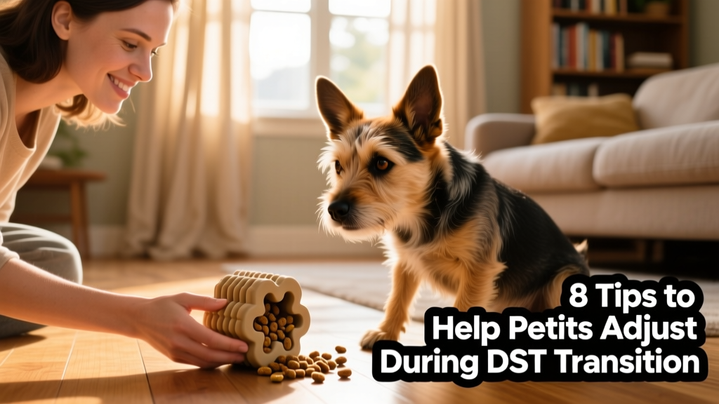 A person gently placing a puzzle toy filled with kibble in front of a curious border terrier, demonstrating mental stimulation during DST transition