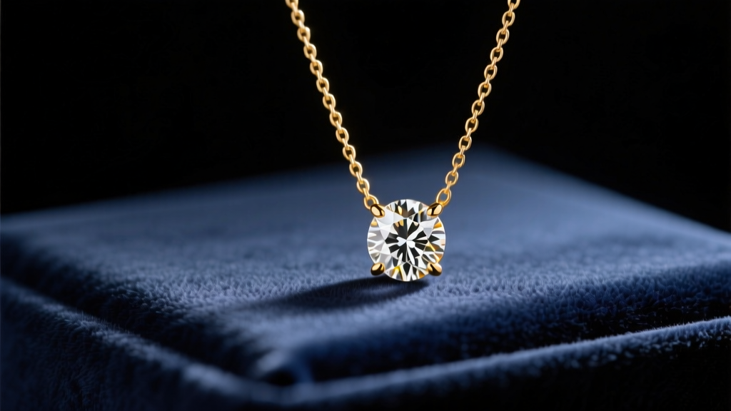 18k yellow gold solitaire diamond pendant necklace on dark velvet, soft warm studio lighting, romantic gift presentation mood