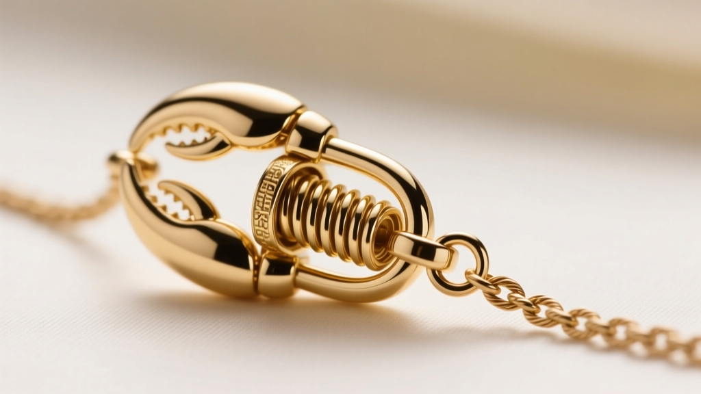 Macro shot of a gold-tone lobster clasp on a delicate cable chain, revealing the internal spring mechanism and soldered jump ring detail