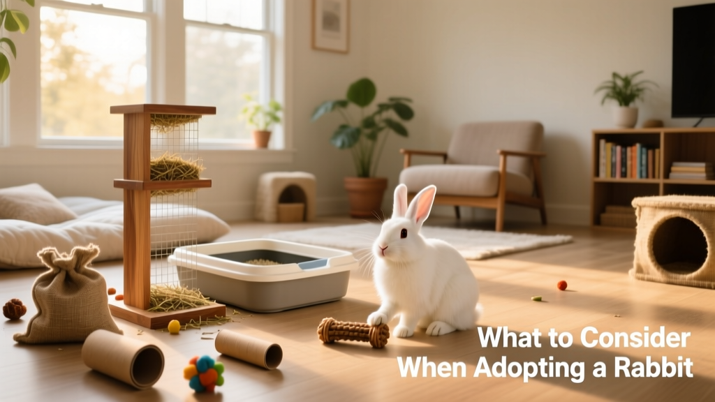 A spacious, bunny-proofed living area with a litter box, hay feeder, and chew toys—showcasing safe, enriching rabbit habitat design