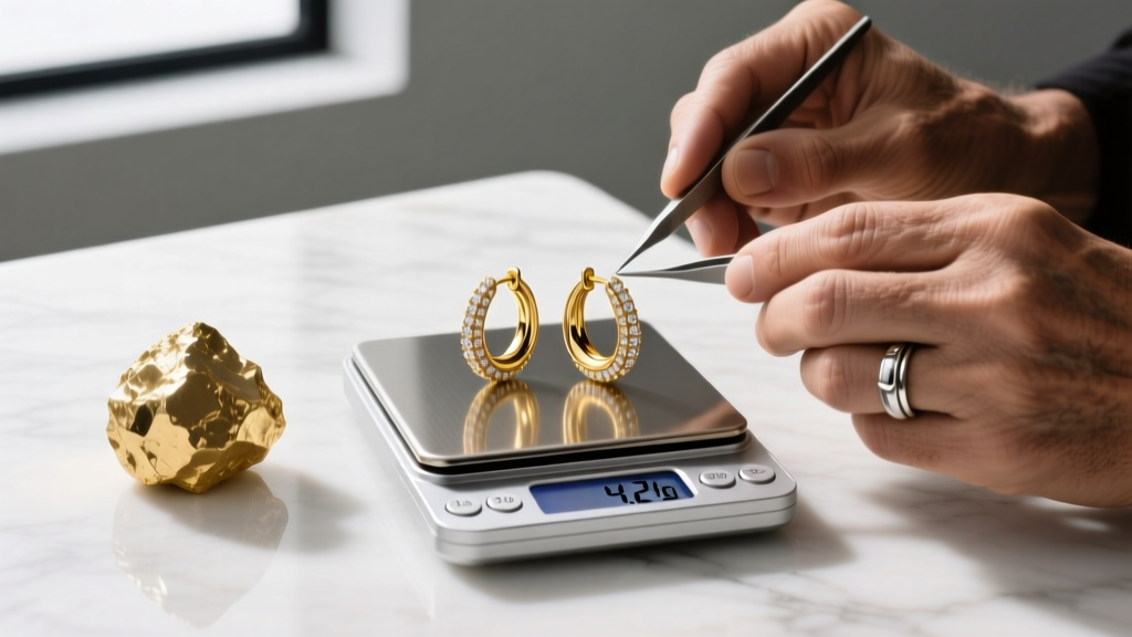 Digital scale displaying 4.2g of 24k gold huggie earrings beside a raw gold nugget and a jeweler