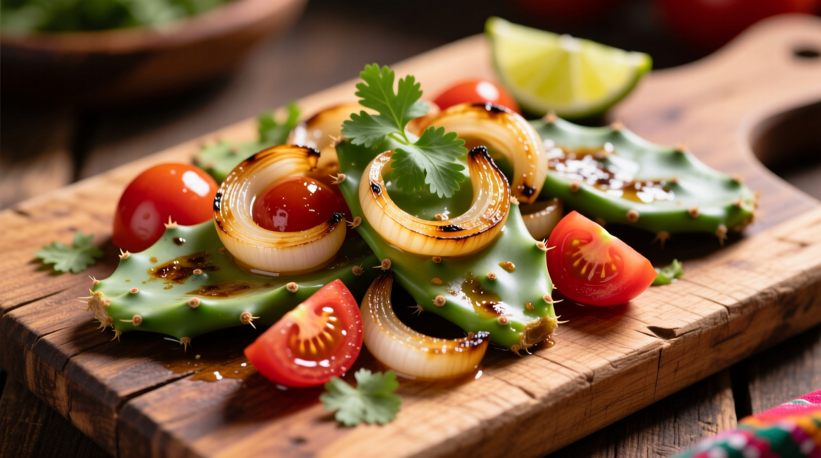 Fresh nopalitos prepared with onions and tomatoes on wooden cutting board