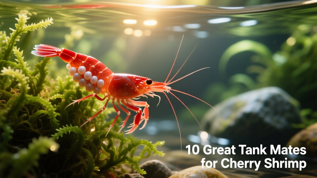 Close-up of a berried female cherry shrimp clinging to submerged java moss in a lush planted tank