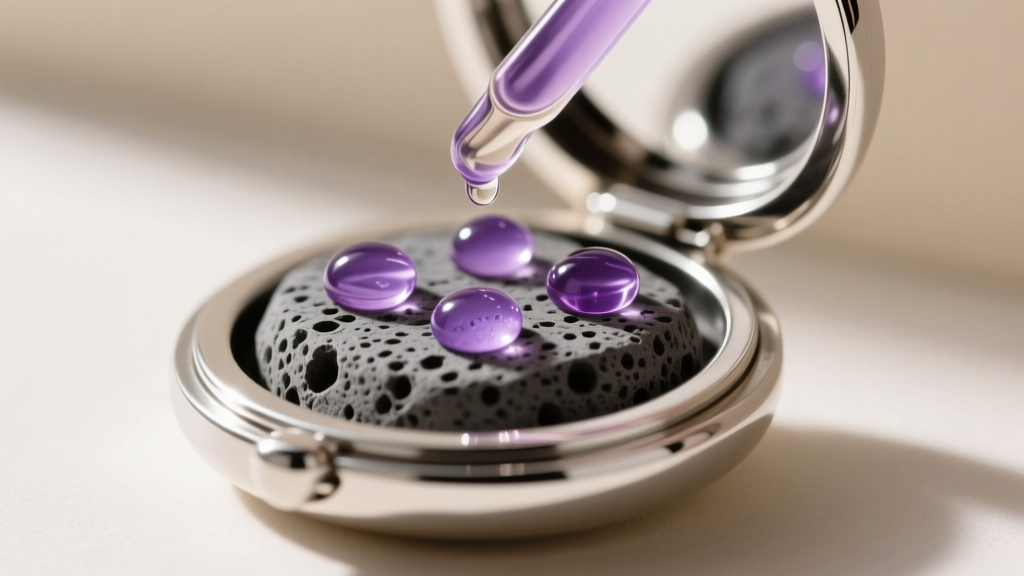 Hands applying three drops of lavender essential oil onto a porous grey lava stone insert inside a silver locket pendant