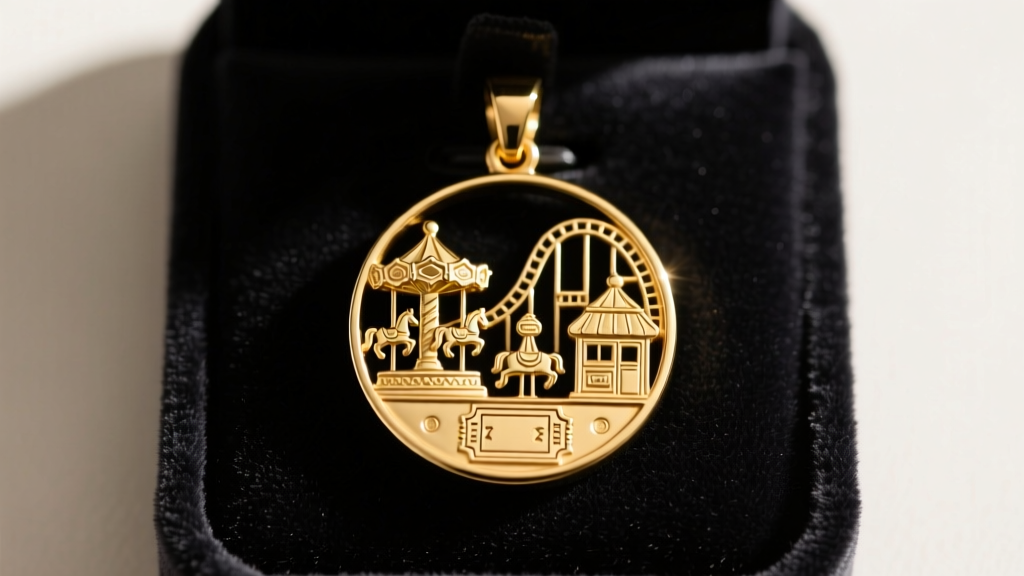 Close-up of a custom gold-plated brass pendant featuring theme park motifs and No Boo text, resting on a dark velvet display pad.