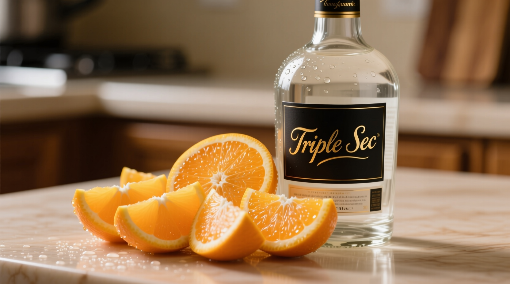 Triple sec bottle next to fresh orange slices