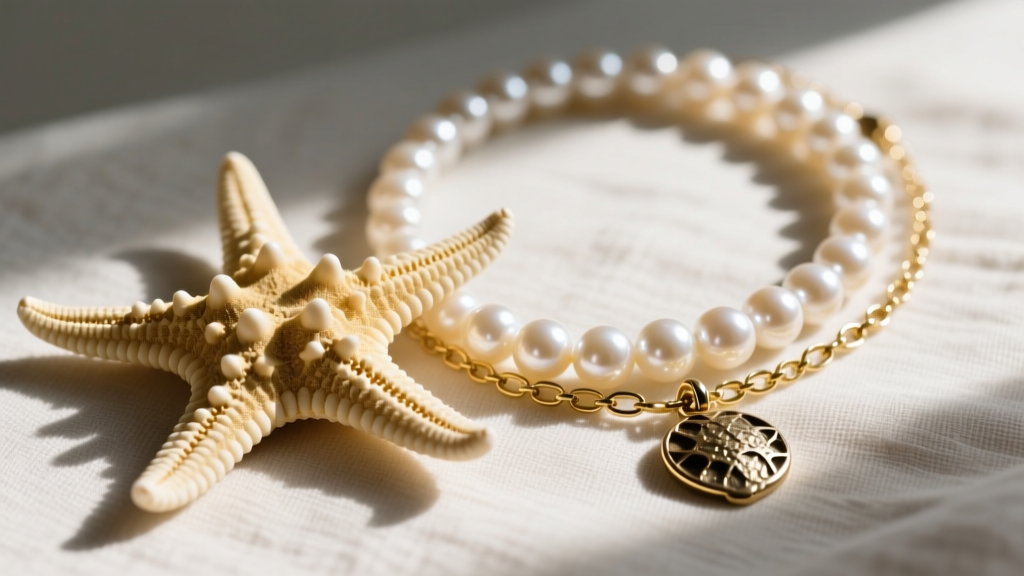 Starfish and pearl necklace layered on linen, showing gold chains, freshwater pearls, and a textured metal charm.