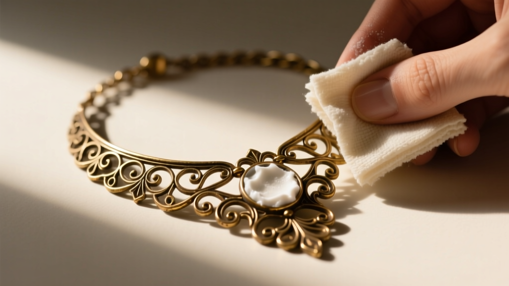 Tarnished brass fashion necklace being gently cleaned with a soft cloth and baking soda paste under warm studio lighting.