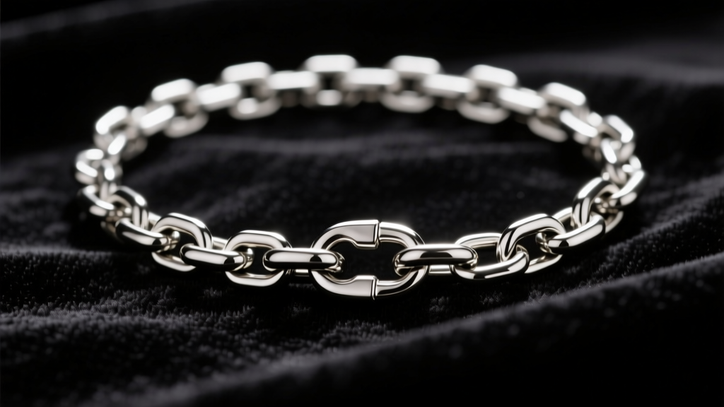 Macro shot of a 1.2mm stainless steel box chain with a secure lobster clasp resting on dark velvet under bright studio lighting.