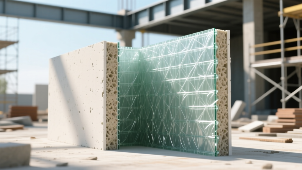Cross-section of paperless fiberglass mat gypsum board showing dense treated core and woven glass facing on a bright construction site