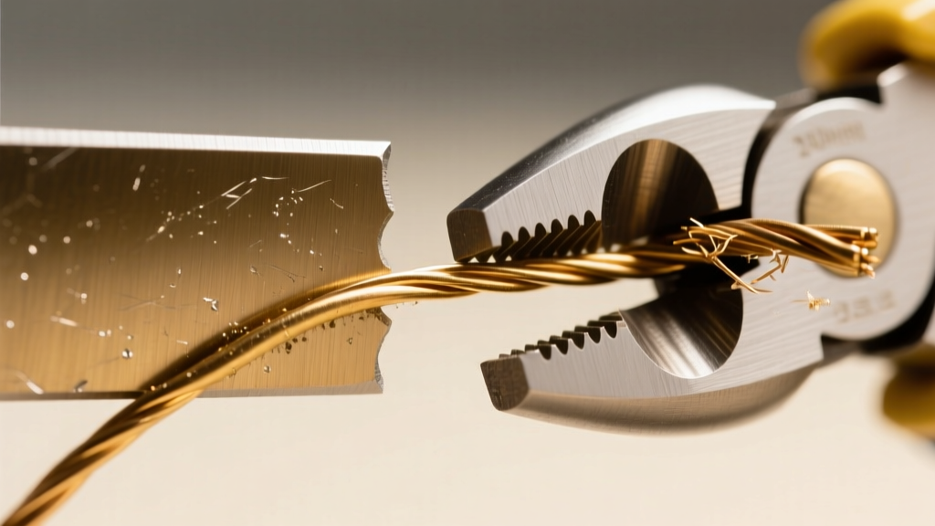 Macro shot of a flush cutter snipping 20-gauge brass wire, showing the flat cut on the left side and the pinched end on the right