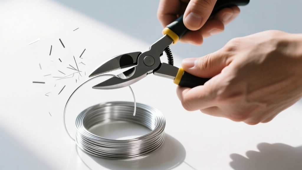 Close-up of hands using flush cutters to snip a 20mm hoop from a silver wire coil, illuminated by bright directional daylight