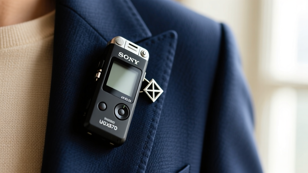 Close-up macro shot of a black Sony ICD-UX570 digital voice recorder clipped inside a blazer lapel next to a subtle silver lapel pin
