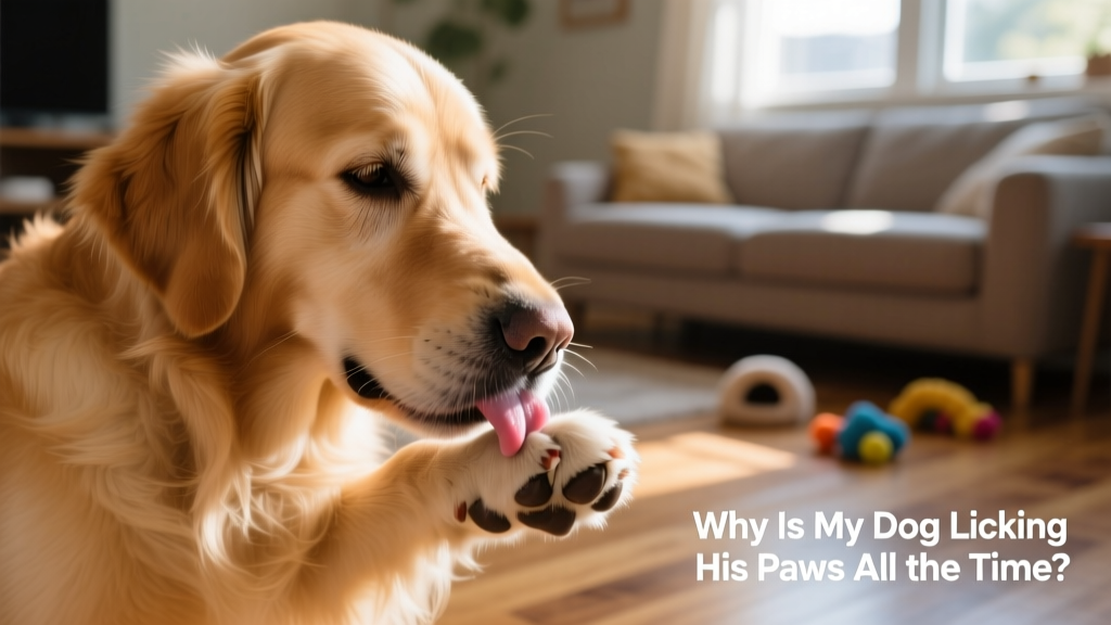 Close-up of a dog gently licking its front paw during normal grooming
