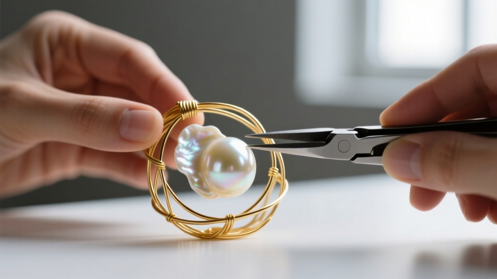 Jeweler using nylon pliers to adjust a 24-gauge gold wire cage around a baroque freshwater pearl without scratching the nacre