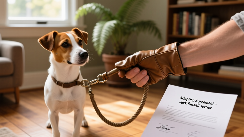 Two hands exchanging a leash and a signed adoption agreement, symbolizing a respectful, transparent rehoming handover