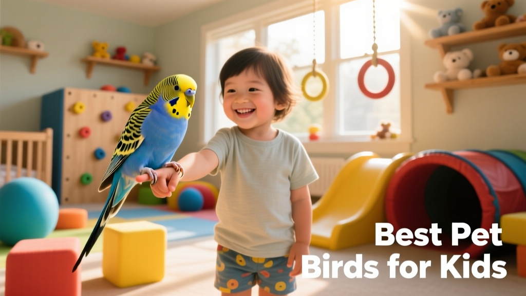 A vibrant blue-and-yellow budgie perched on a child's finger while exploring a play gym with colorful toys