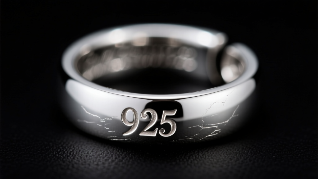 Extreme macro shot revealing the tiny 925 hallmark stamped inside a sterling silver ear cuff, illuminated by a soft LED ring light