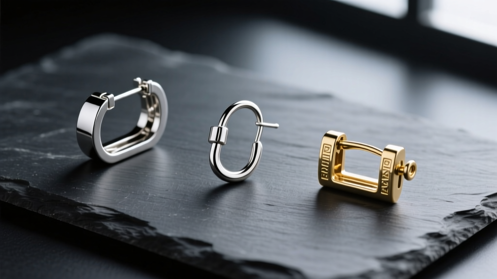 Flat lay of three pendant earring clasps: a leverback, a fishhook, and a clicker latch, arranged neatly on a dark slate surface.