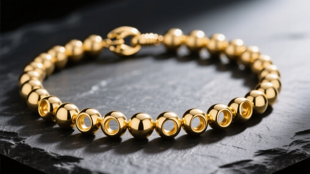 Close-up of a 14k yellow gold balloon bead necklace on dark slate, highlighting spherical hollow beads and a small lobster clasp