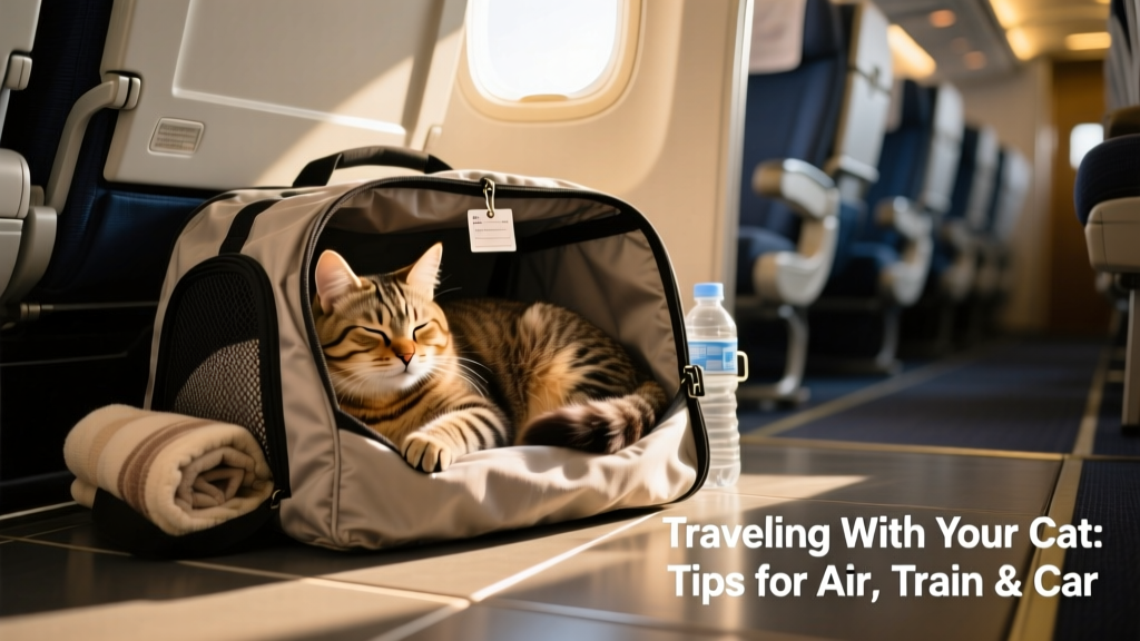 A relaxed cat inside an airline-approved soft-sided carrier resting under an airplane seat
