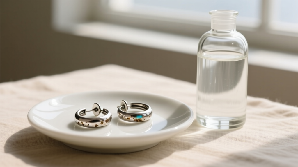 Tarnished 925 sterling silver hoop earrings resting on a white ceramic dish beside a glass bottle of liquid jewelry silver cleaner.