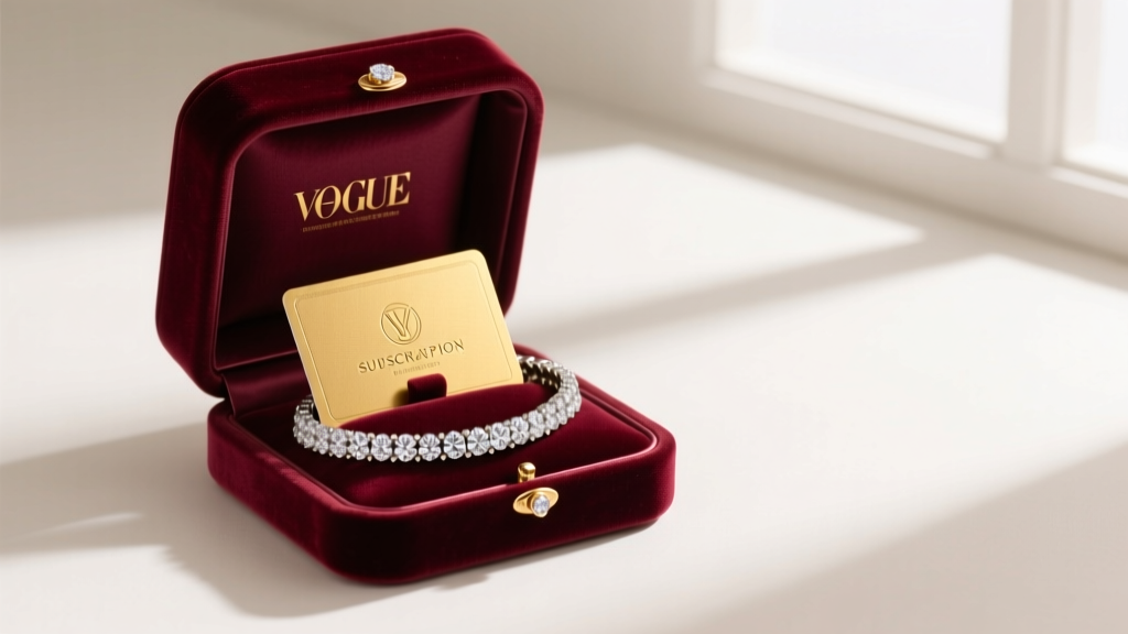 Velvet box holding a gold subscription card and diamond tennis bracelet, soft studio lighting, luxury designer jewelry aesthetic