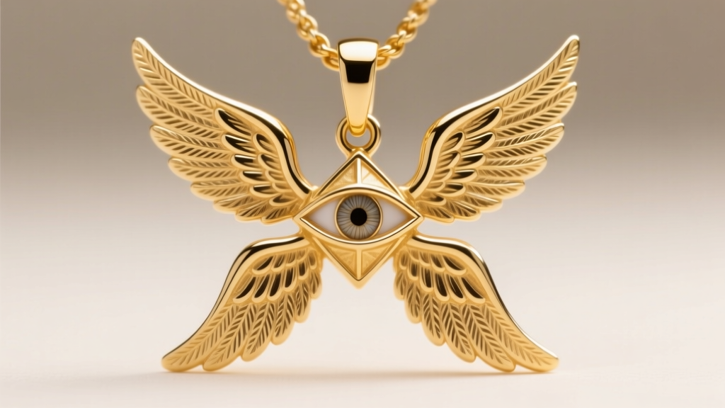Macro shot of a gold vermeil Seraphim pendant showing six carved wings and a central geometric eye catching soft studio light.