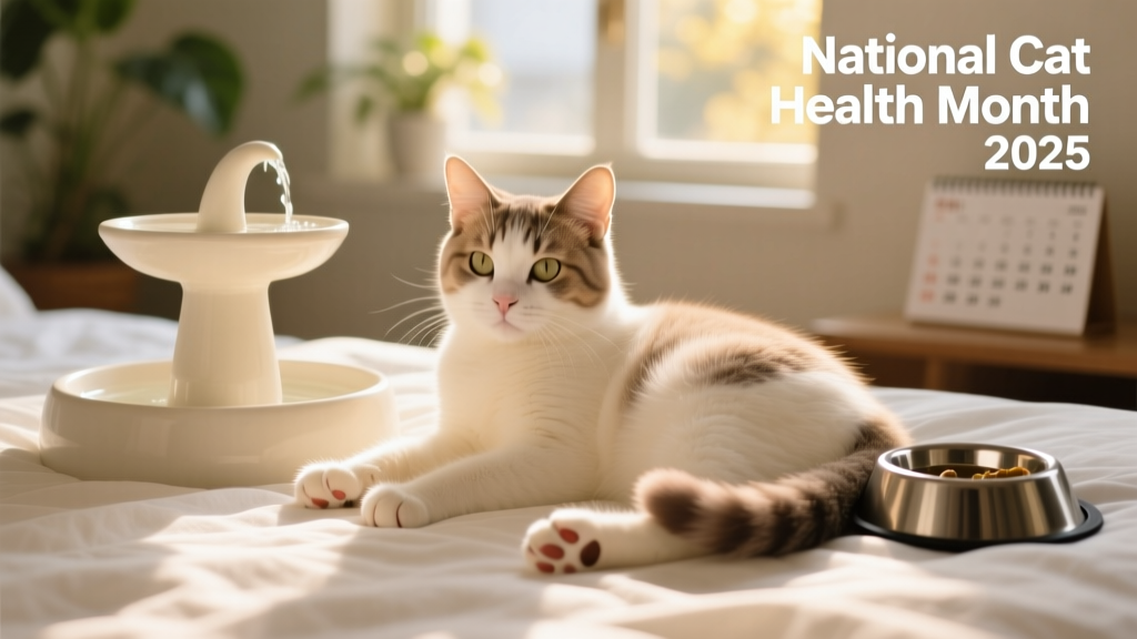 A close-up of a cat’s paws and tail resting peacefully on a soft, clean bed beside a water fountain and food bowl