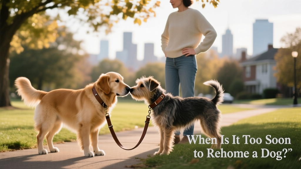 Two dogs calmly sniffing each other while on leashes, with a calm human nearby observing