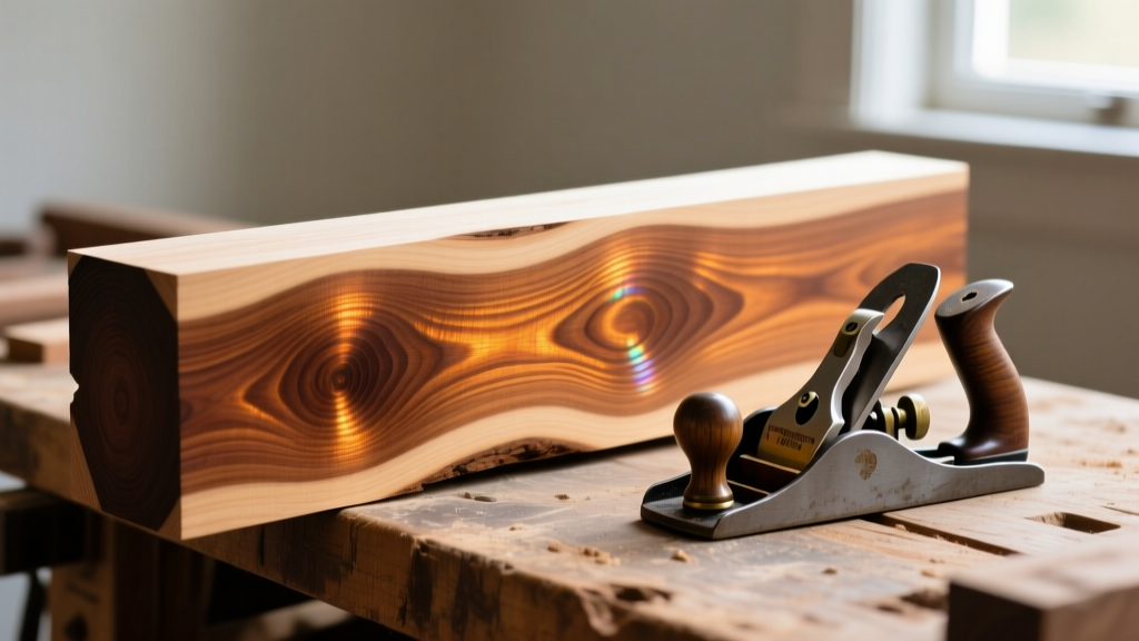 Highly figured curly hard maple lumber showing 3D chatoyance and wavy grain patterns resting on a workbench next to a hand plane