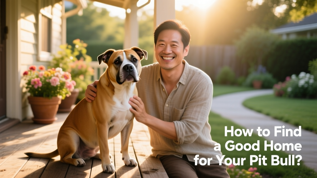 A calm, friendly pit bull sitting beside a smiling adult on a sunlit porch