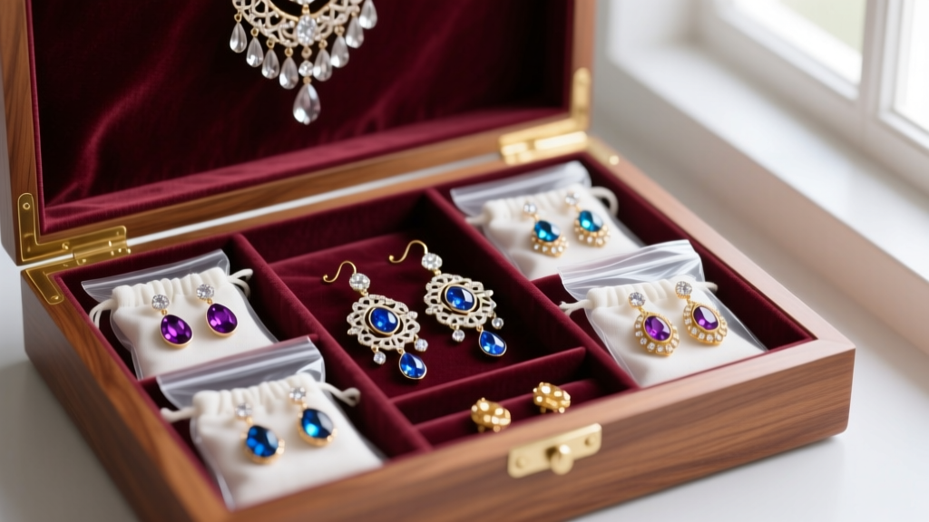 Anti-tarnish cloth pouches and polyethylene bags storing elaborate chandelier earrings inside a velvet-lined wooden jewelry box.