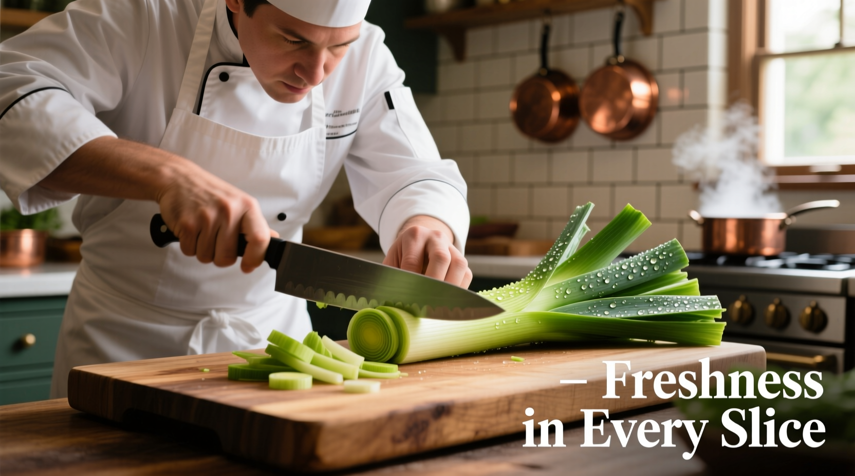 Chef slicing fresh leeks on cutting board