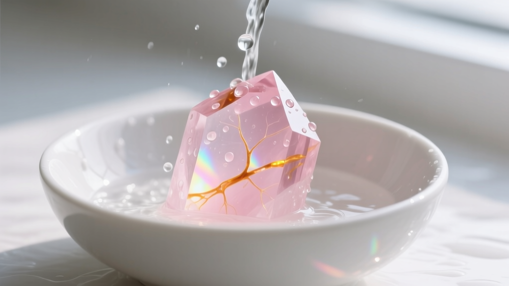 Close-up of a translucent rose quartz stone being gently rinsed under a soft stream of lukewarm water in a white ceramic bowl.