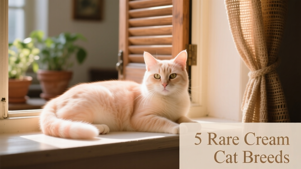 A cream-colored cat resting on a sunlit windowsill, its soft fur glowing with warm peachy tones
