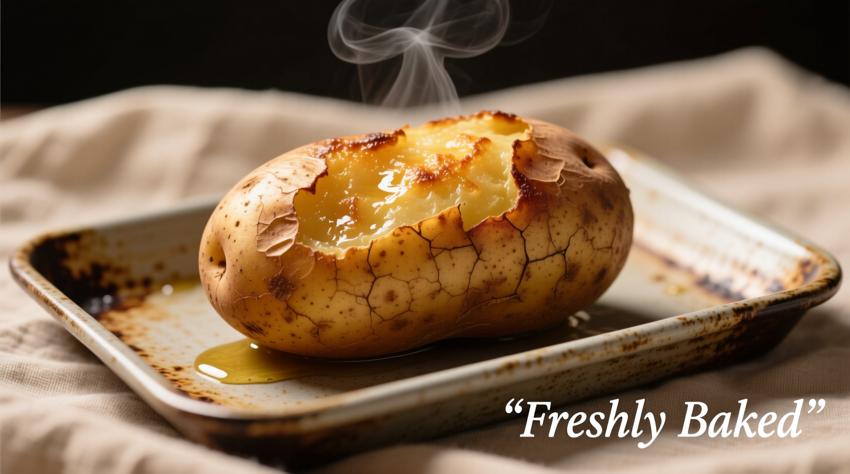 Perfectly baked russet potato with crispy skin on baking sheet
