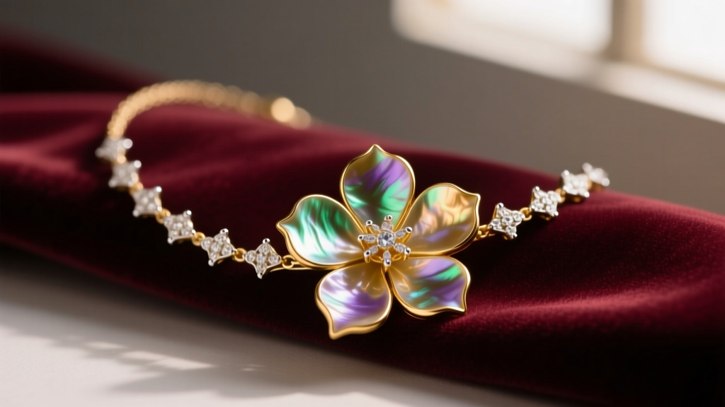 Macro shot of a gold mother of pearl flower necklace on velvet, showing iridescent shell textures and delicate prong settings.