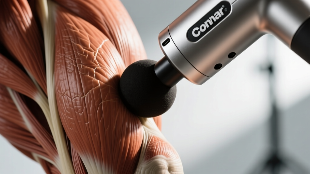 Close-up of the Conair PowerMaster attachment head pressing into a quadriceps muscle to demonstrate percussive depth
