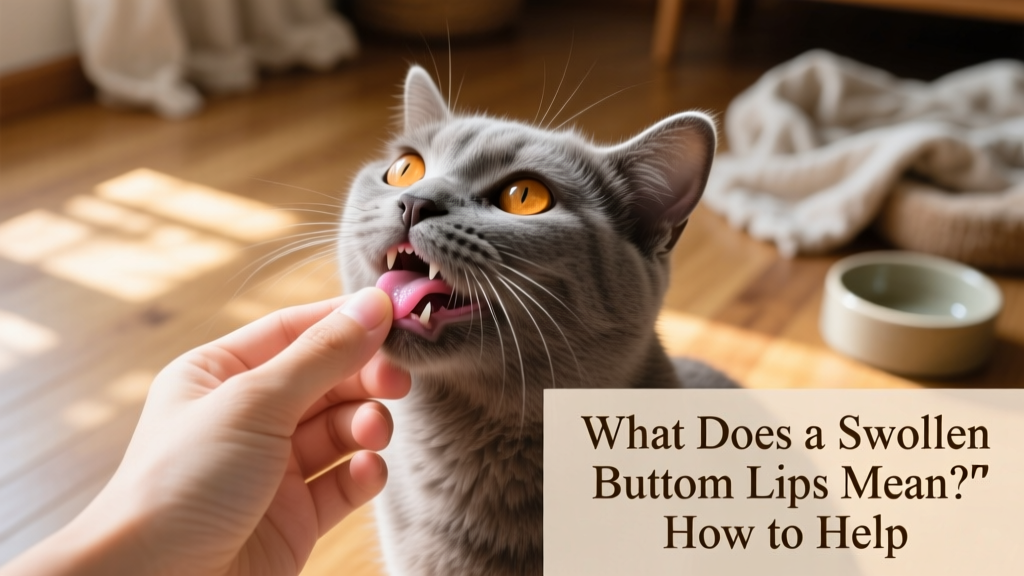 human hand gently lifting a cat's top lip to reveal bottom lip and upper front tooth