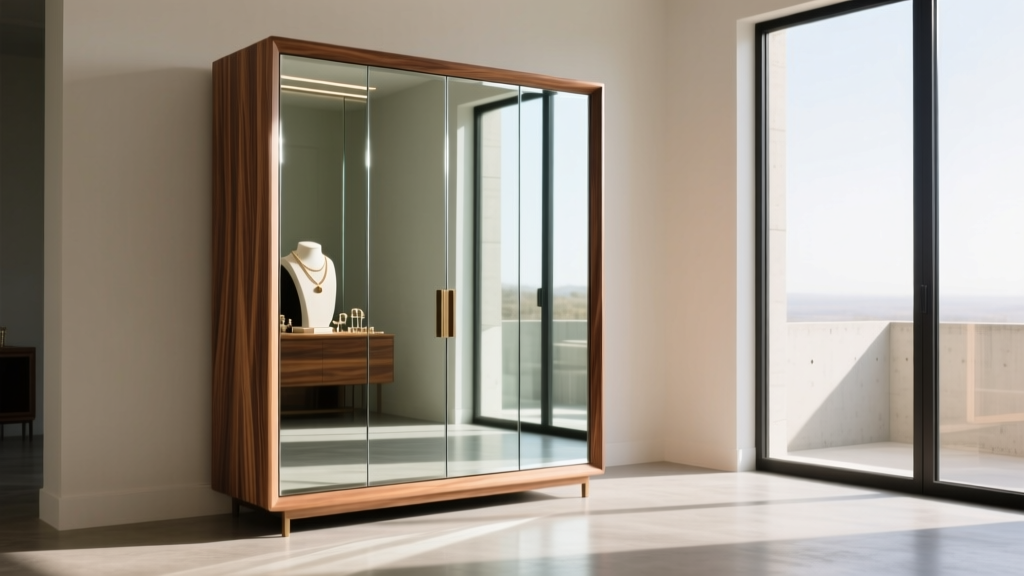 Mirrored Lori Greiner jewelry armoire in a sunlit room, displaying the composite wood frame and reflective glass door.