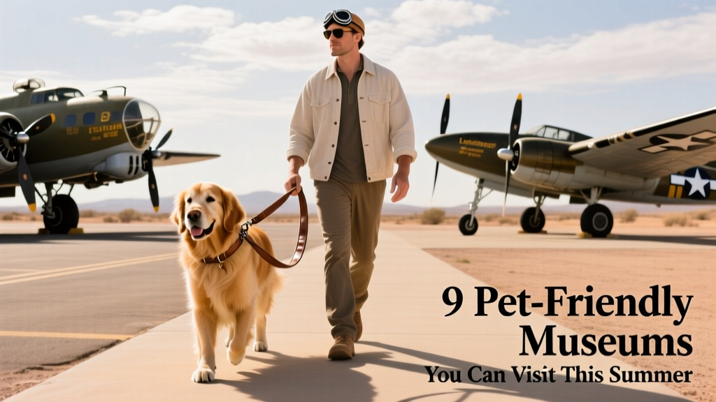 A leashed dog walking beside its owner among vintage aircraft at the Pima Air & Space Museum