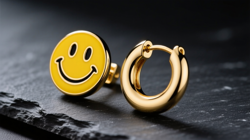 Close-up of gold smiley face huggie earrings on dark slate, highlighting bright yellow enamel details and the small metal hinge.