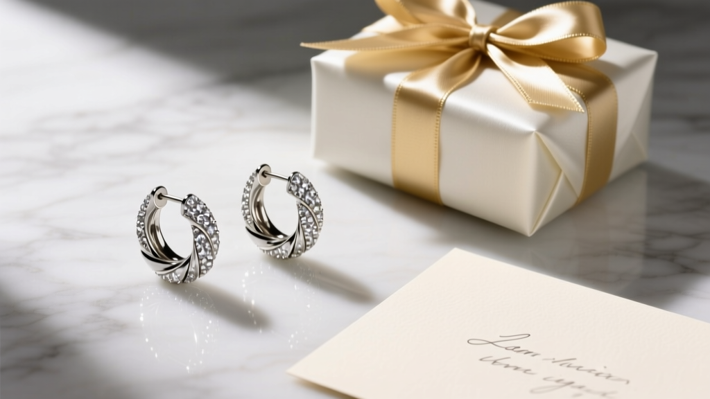 Flat lay of diamond pave twist huggie earrings next to a wrapped gift box and a handwritten greeting card on a marble surface.