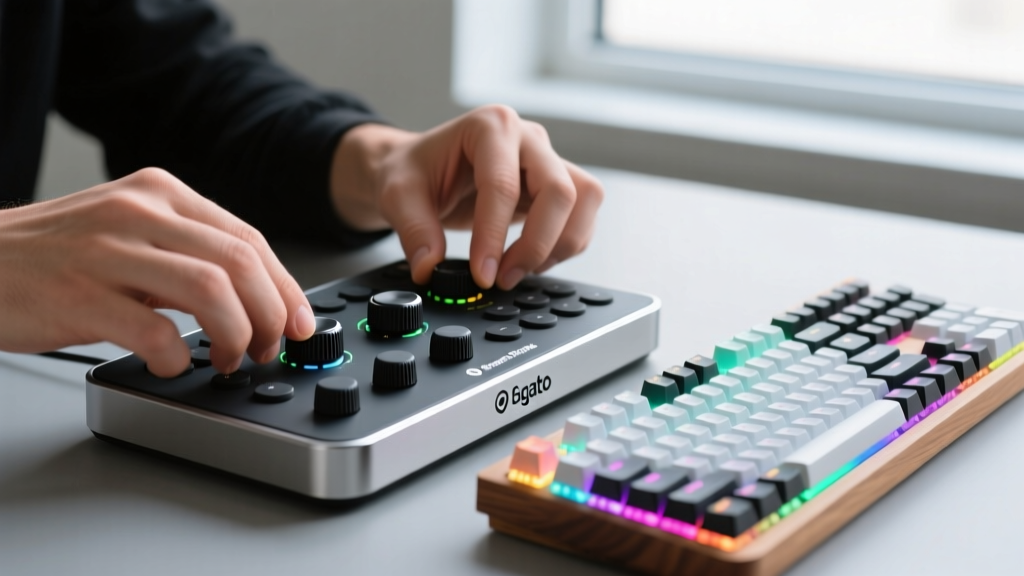 Close-up of a user adjusting the haptic dials on an Elgato Stream Deck Plus next to a custom mechanical keyboard.