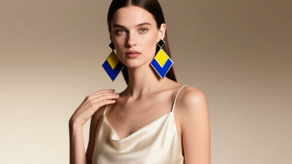 Model wearing 1980s West Germany geometric enamel drop earrings and a minimalist silk slip dress under soft studio lighting.