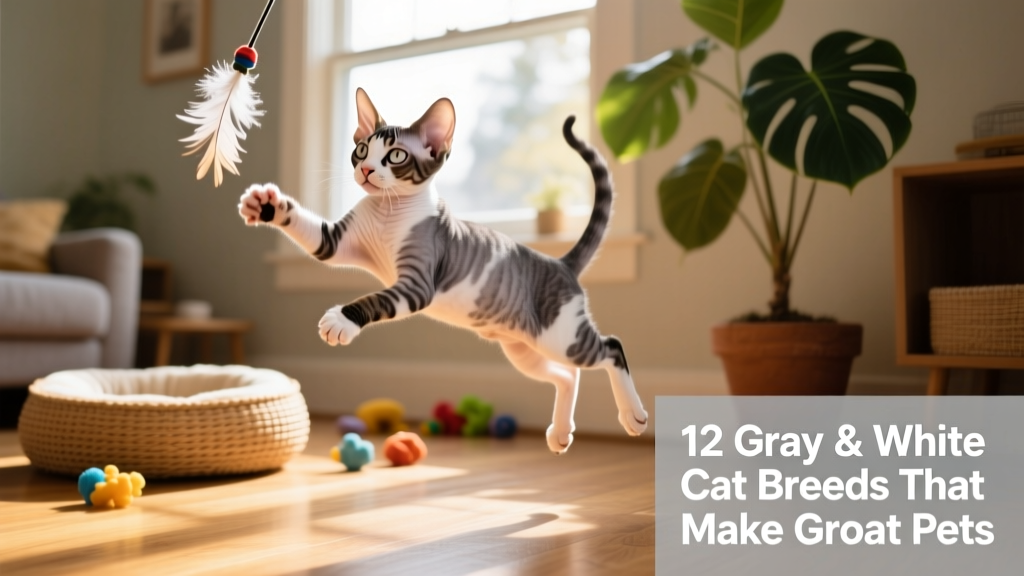 A playful Cornish Rex kitten with gray and white markings leaping mid-air toward a toy