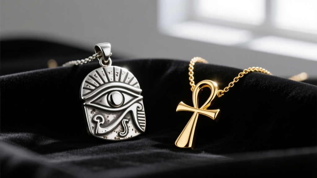 Macro photography of a tarnished sterling silver Eye of Horus pendant next to a polished 18k gold Ankh necklace on dark velvet