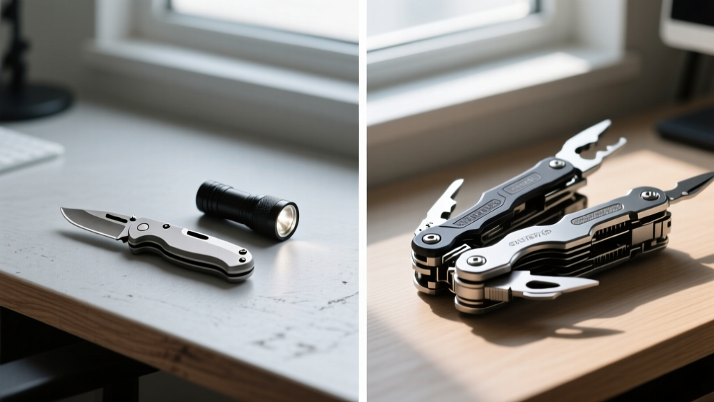 A split-screen workspace showing a basic beginner pocket knife and flashlight on the left, and a complex titanium multitool on the right.